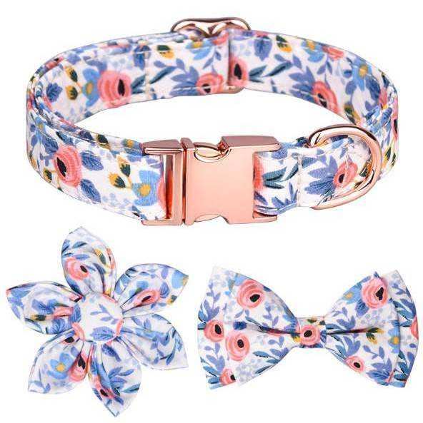 Professional Factory Adjustable Soft Comfortable Cotton Rose Gold Metal Buckle Flower Bowtie Dog Collar