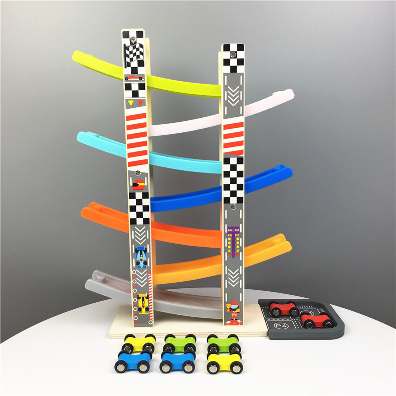 Hot Toddler Toys Wooden Ramp Racer for Girls Boys Wood Race Track with 8 Mini Cars