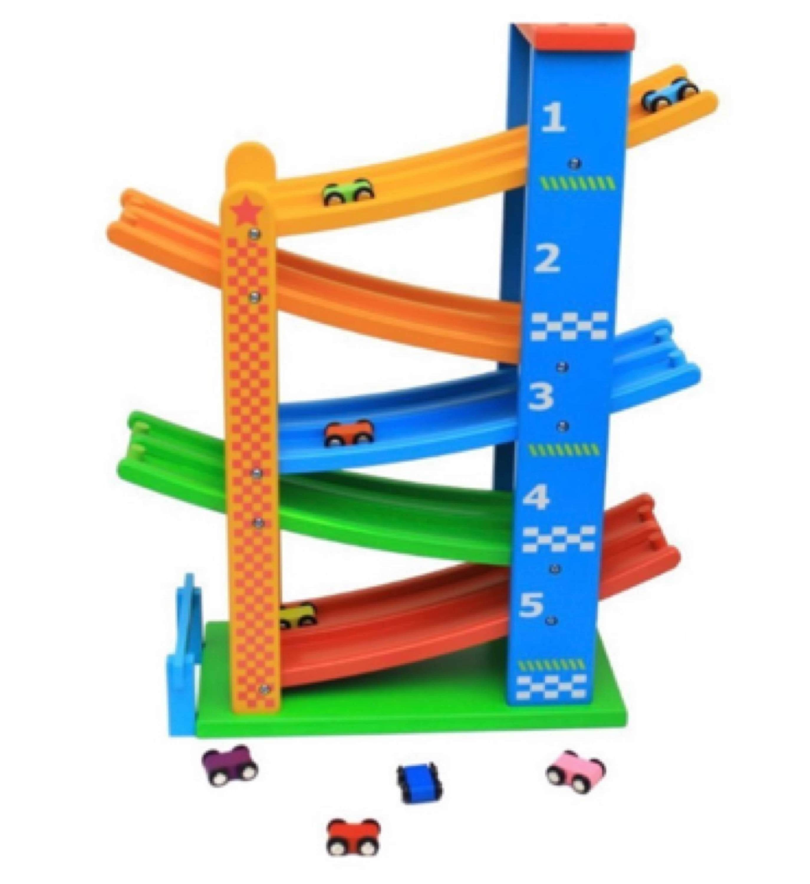 Wood Race Track with 8 Mini Cars Sliding Toy Train Baby Toddler Toys Ramp Racer for Girls Boys