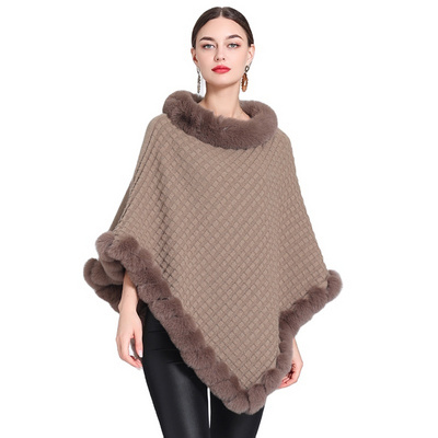 Winter Fur Collar Waffle Plaid Cardigan Shawl Knitted Rabbit Fur Poncho