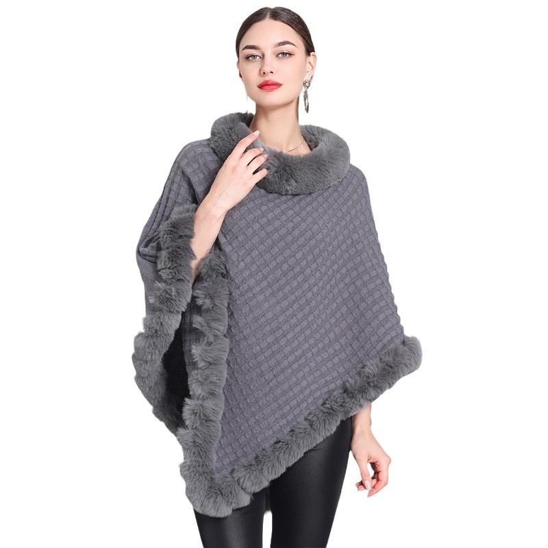 Winter Fur Collar Waffle Plaid Cardigan Shawl Knitted Rabbit Fur Poncho