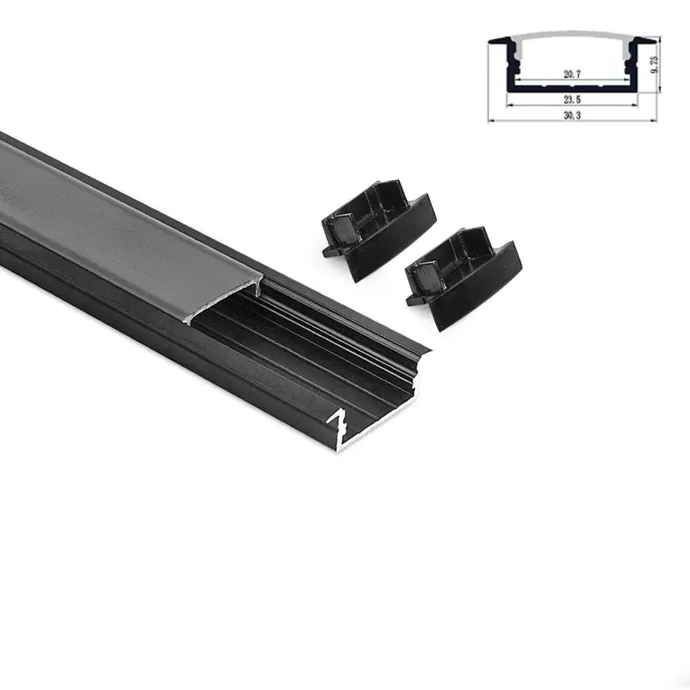 2001-BLK Black Color Recessed Aluminum LED profile for 20.7mm width double row LED Strip with PC Cover and mounting Clips