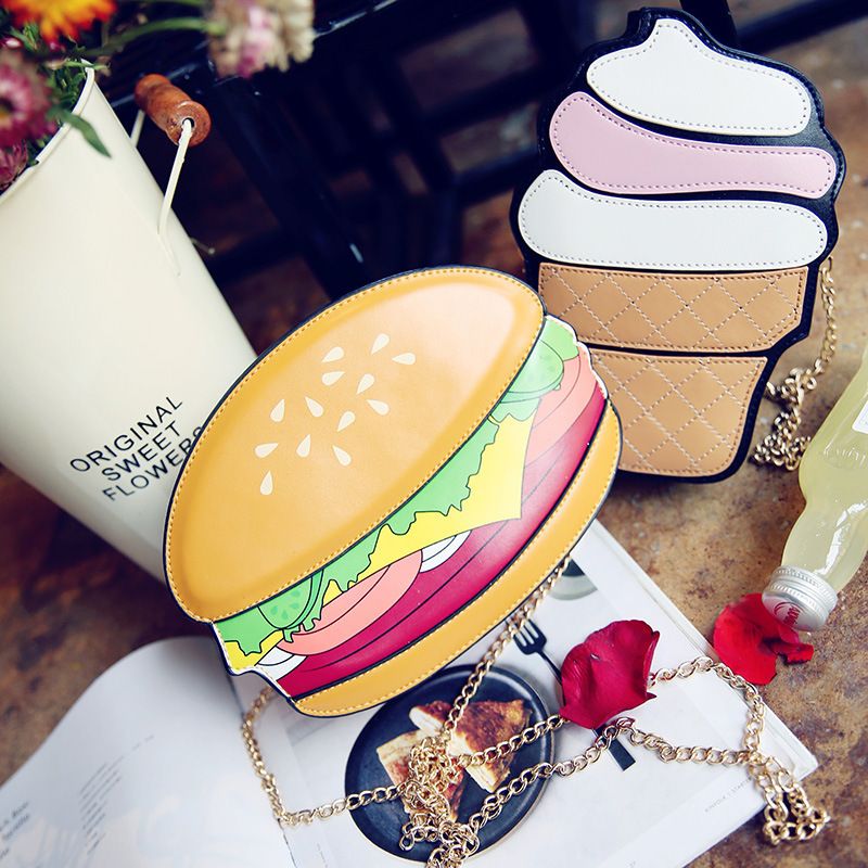 Girls Cute cartoon ice cream hamburger bag new personality creative bags Kids shoulder chain Handbag Women mobile phone bag