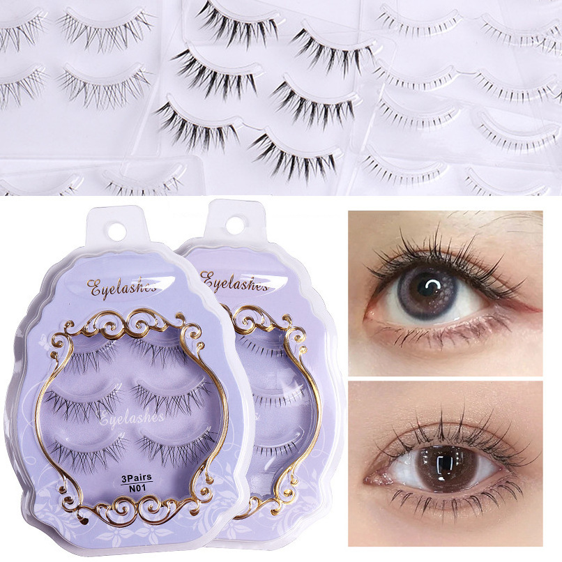 3 Pairs Natural False Eyelashes Cos Eyelashes Lash Extension Fairy Cross Big Eyes Wispy Light False Lashes