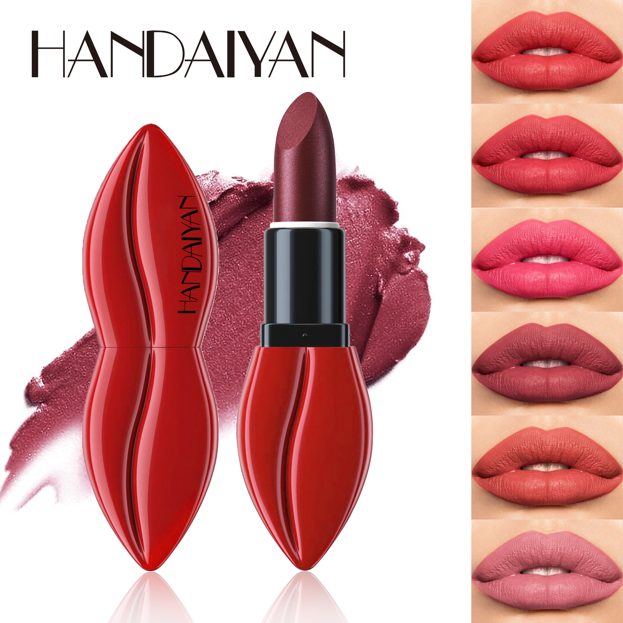 HANDAIYAN 6 Colors Lip Shaped Matte Velvet Lipstick Set Waterproof High Pigment Vegan Lip Makeup Cosmetics Gift