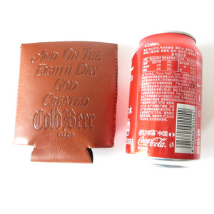 High Quality Debossed Logo PU Leather Can Coolers Beer Bottle Stubby Holder for 330 ml Cans