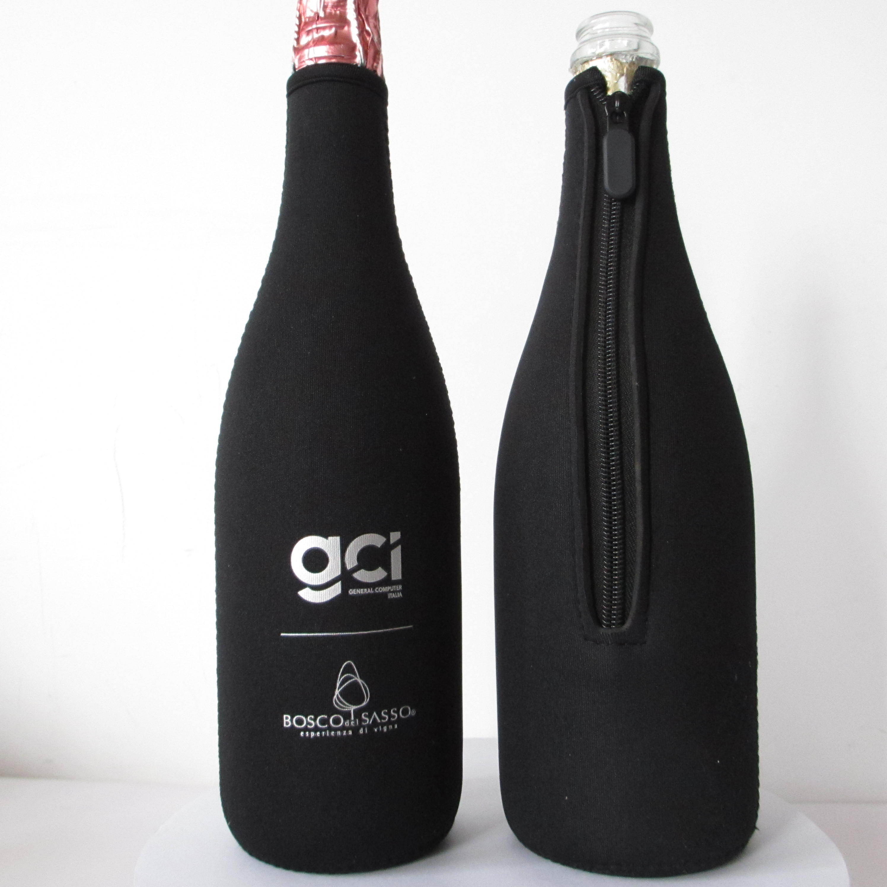 Longneck Coolers Personalized black Neoprene Long Neck Zip Up Beer bottle Champagne Wine Longneck wine cooler with sliver logo