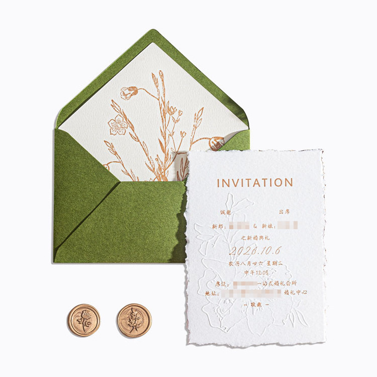 Handmade Deckle Edge Cotton Paper Wedding Invitation Cards With Letterpress Printing