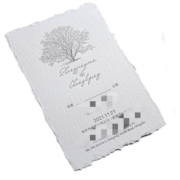 Handmade Deckle Edge Cotton Paper Wedding Invitation Cards With Letterpress Printing