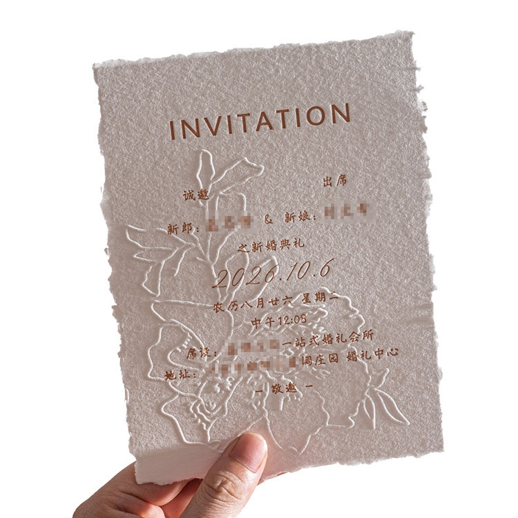 Handmade Deckle Edge Cotton Paper Wedding Invitation Cards With Letterpress Printing