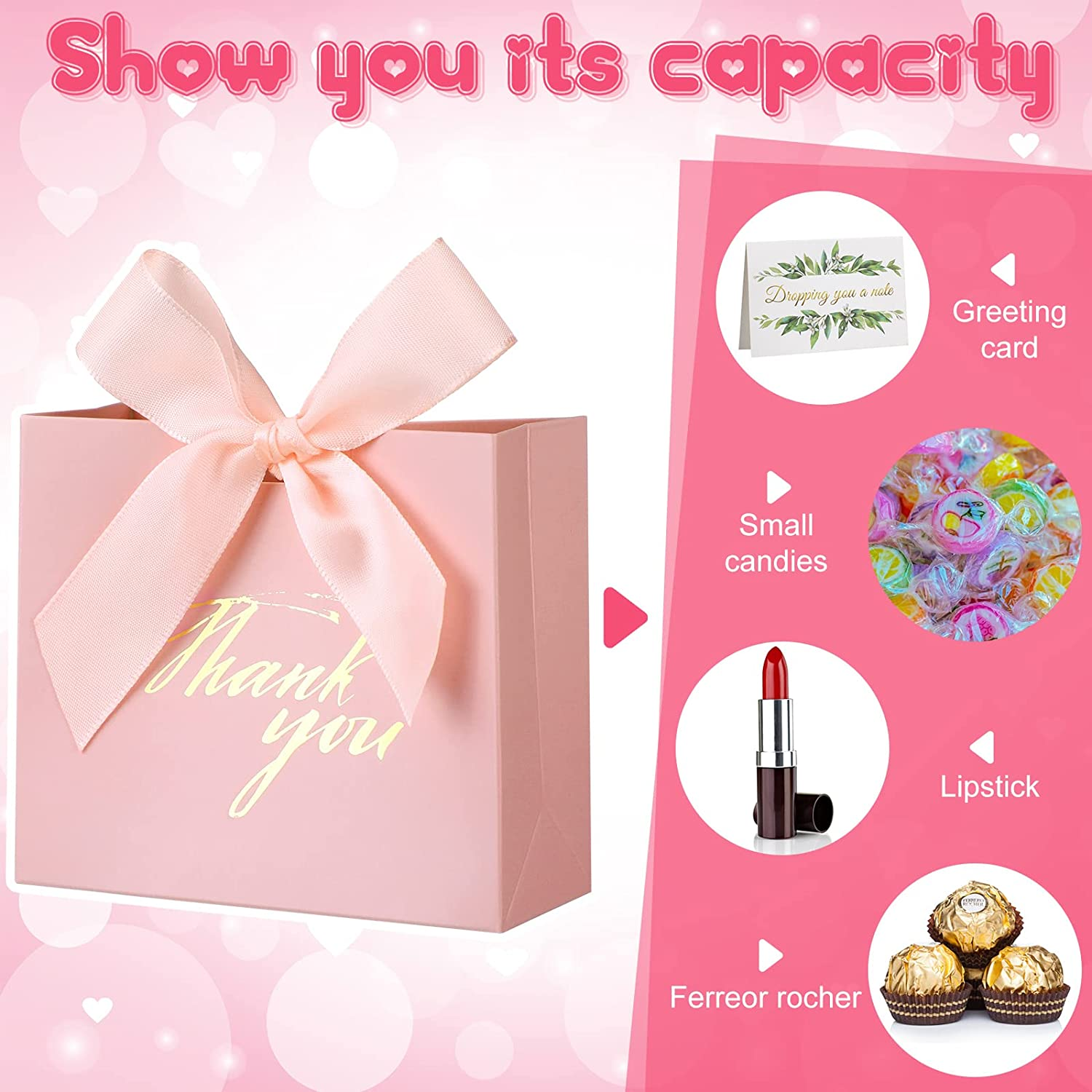 Thank You Party Favor Cute Candy Bags Pink Paper Gift Boxes Mini Paper Gift Bags with Bow Ribbon for Wedding Small Business