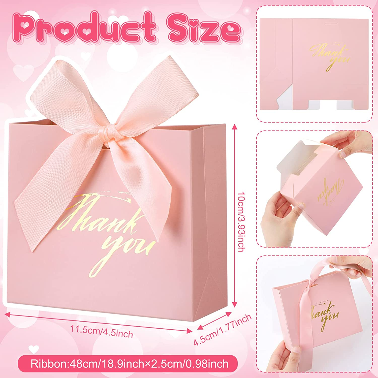 Thank You Party Favor Cute Candy Bags Pink Paper Gift Boxes Mini Paper Gift Bags with Bow Ribbon for Wedding Small Business