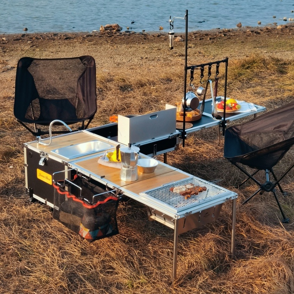 Outdoor mobile kitchen Full function accompanying small kitchen box camping cookout stove folding table