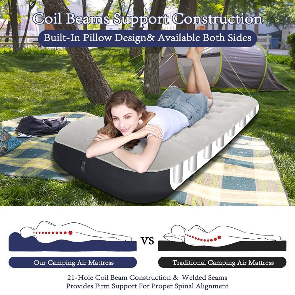 Customized  Folding Single Outdoor Indoor Coil Beam Airbed Furniture Flocking Twin Size Inflatable Camping Air Mattress Bed