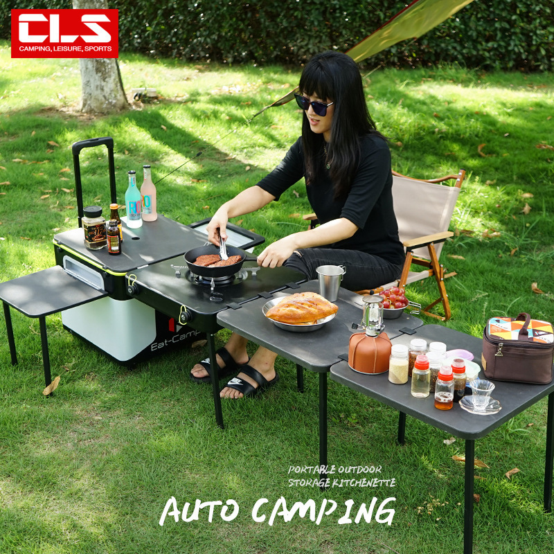 Outdoor mobile kitchen camping portable folding table integrated cooktop stove camping road trip car equipment