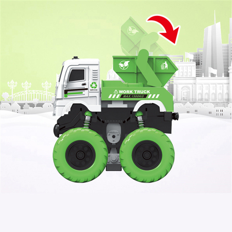 4wd green 12pcs plastic garbage truck toys set sanitation construction diecast vehicle double friction car toys