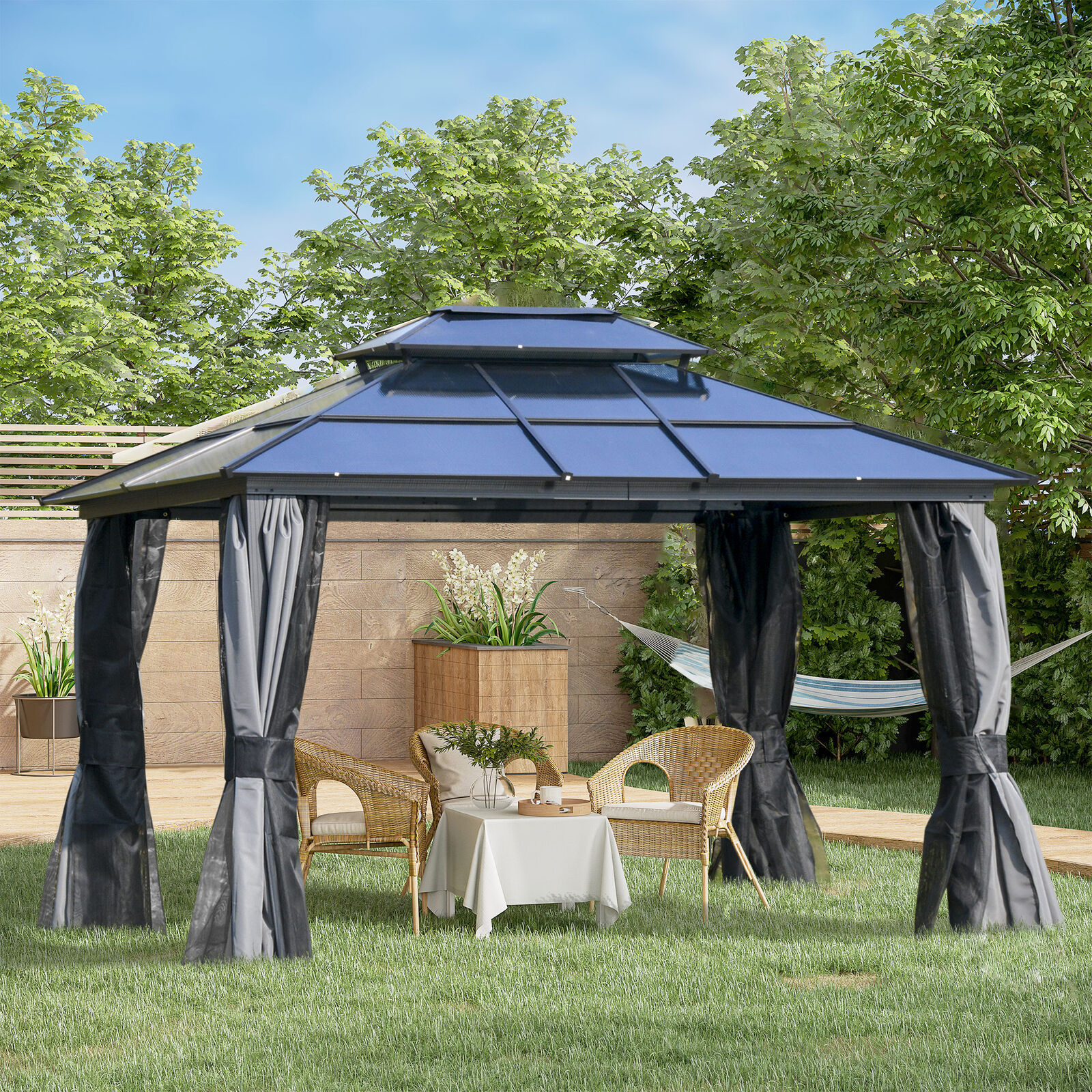 10x12 Double Layer Hard Top Gazebo Outdoor Patio Gazebo With Mesh Curtain Mosquito Net