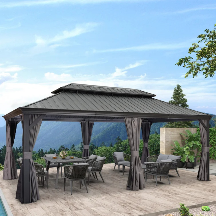 Outdoor Luxury Hard Top Patio Gazebo Metal Steel Frame Gazebo With Side Curtains Panels