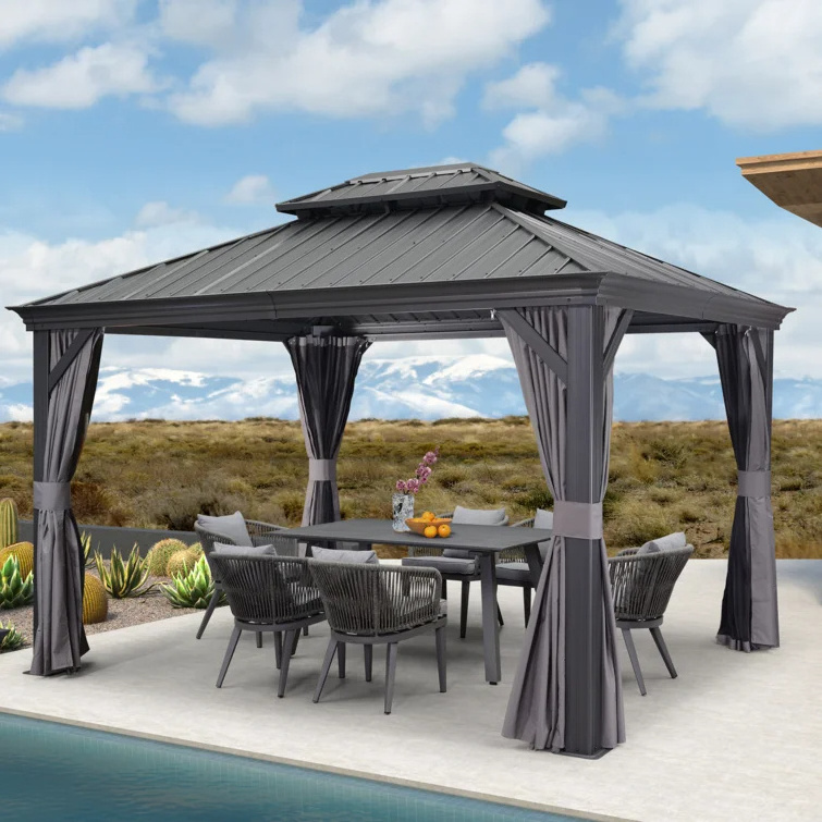 Outdoor Luxury Hard Top Patio Gazebo Metal Steel Frame Gazebo With Side Curtains Panels