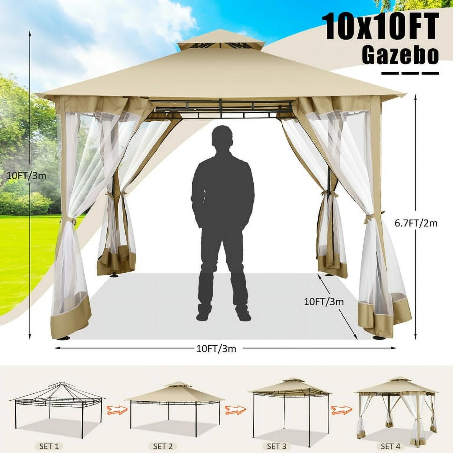 10x10 Rainproof Sunproof Garden Patio Garden Yard Canopy Gazebo with Removable Mosquito Net Side Walls