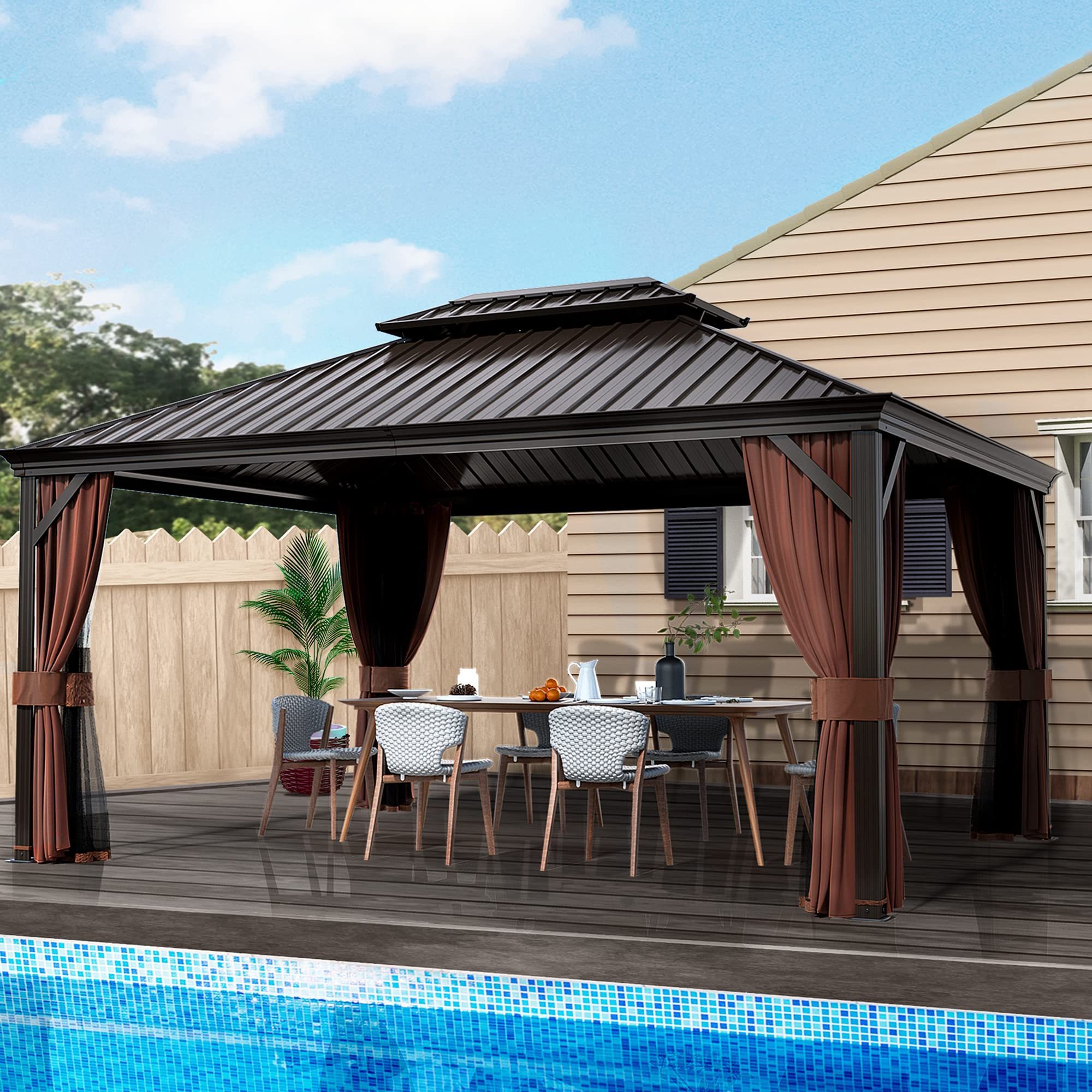 12x12 12x16 12x20 Outdoor Courtyard Gazebo Hard Top With Mosquito Net Gazebo Patio Double Top Metal Gazebo