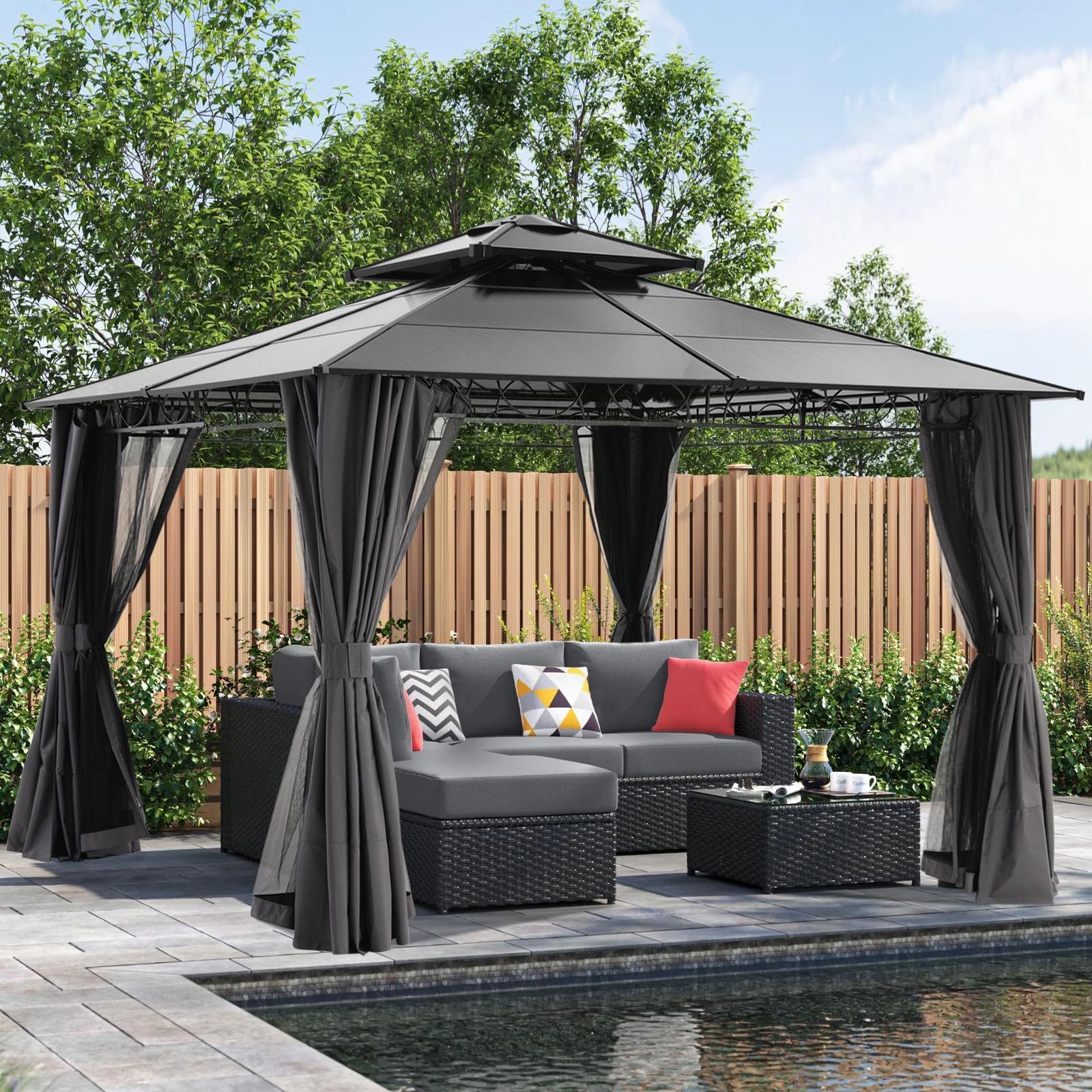 10x10 10x12 Outdoor Steel Double Roof Hard Top Gazebo Garden Terrace Pavilion Waterproof Gazebo with Curtains and Mosquito Nets