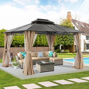 10x10 10x12 Outdoor Steel Double Roof Hard Top Gazebo Garden Terrace Pavilion Waterproof Gazebo with Curtains and Mosquito Nets