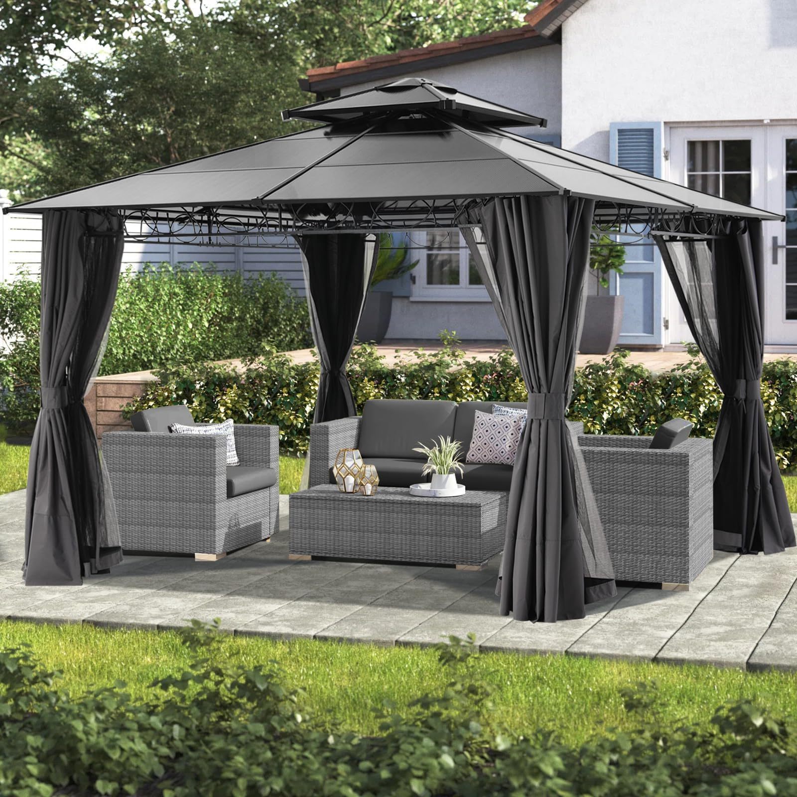 10x10 10x12 Outdoor Steel Double Roof Hard Top Gazebo Garden Terrace Pavilion Waterproof Gazebo with Curtains and Mosquito Nets