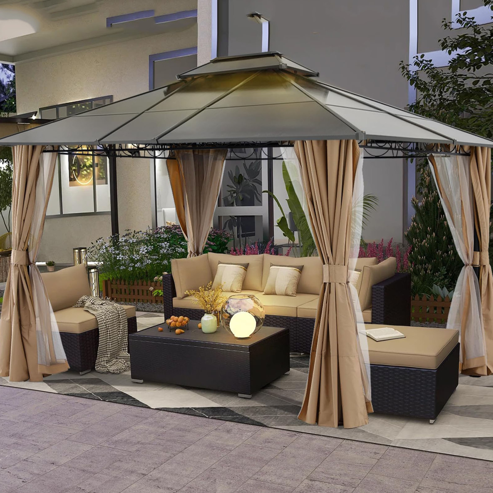 10x10 10x12 Outdoor Steel Double Roof Hard Top Gazebo Garden Terrace Pavilion Waterproof Gazebo with Curtains and Mosquito Nets