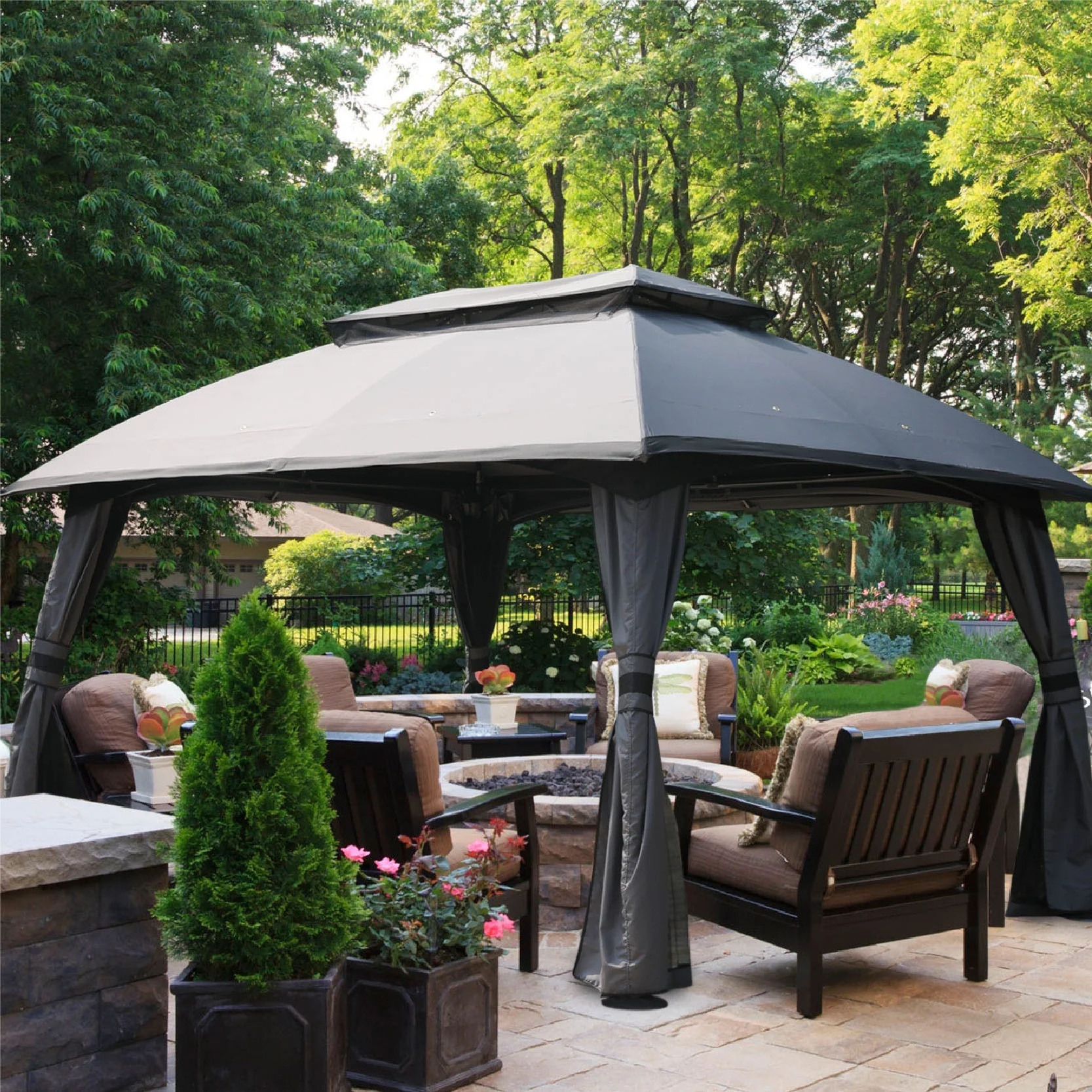 10x13 Outdoor Patio Gazebo Double Storey Soft Roof Garden Gazebo With Mosquito Net