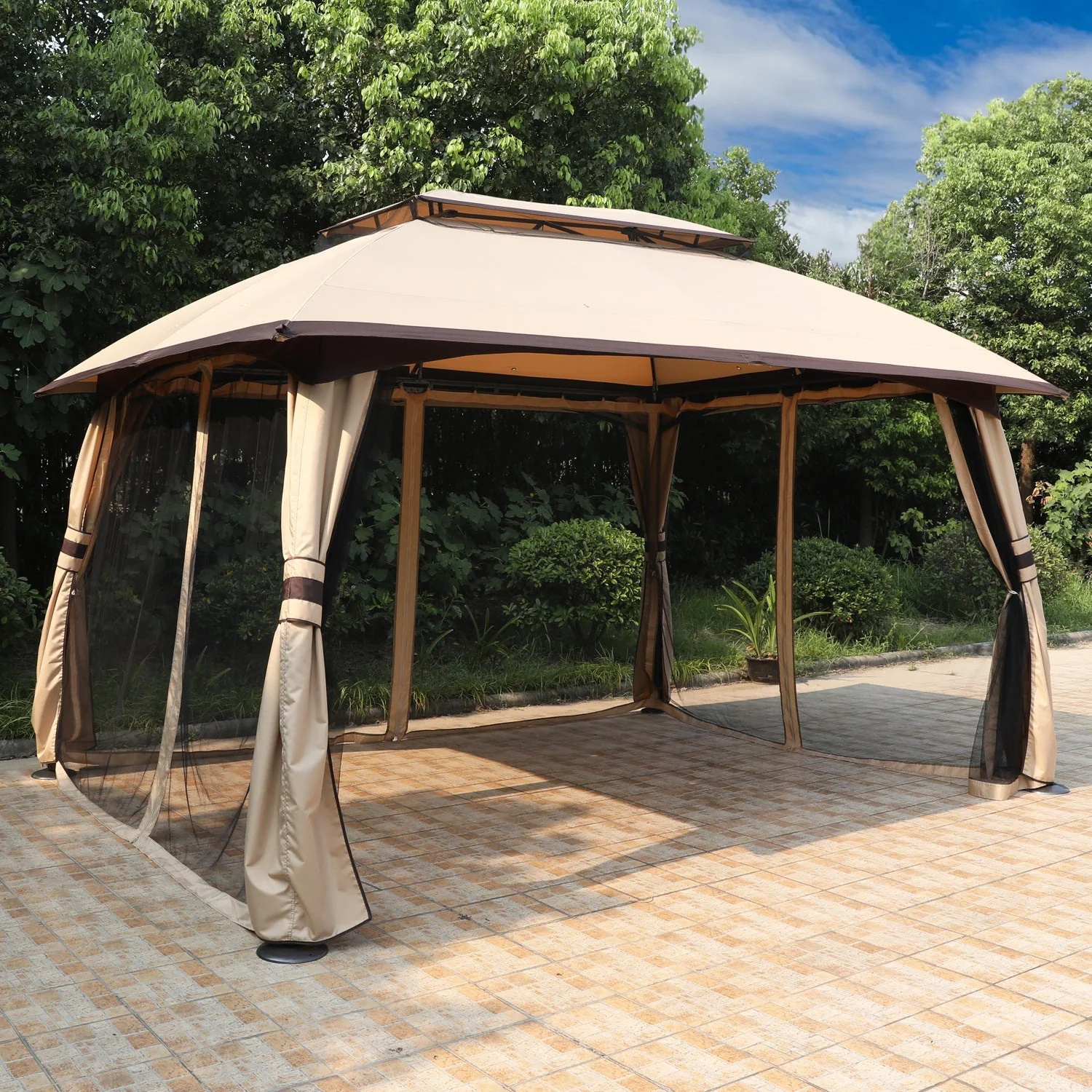 10x13 Outdoor Patio Gazebo Double Storey Soft Roof Garden Gazebo With Mosquito Net