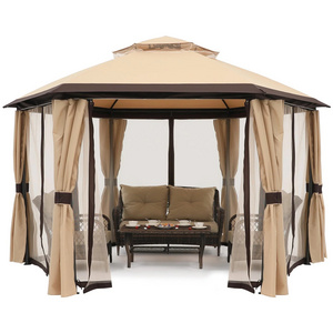 10x10 Outdoor Hexagonal Gazebo Double Roof Soft Top Canopy Gazebo with Curtains and Ventilation Screens