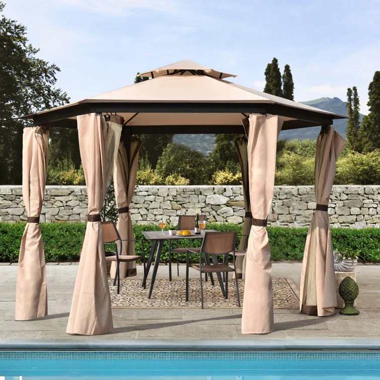 10x10 Outdoor Hexagonal Gazebo Double Roof Soft Top Canopy Gazebo with Curtains and Ventilation Screens