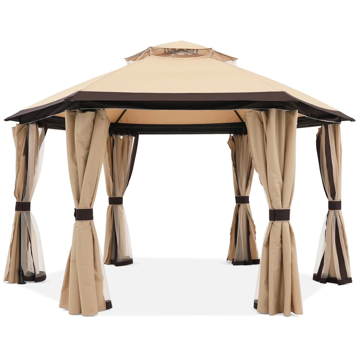 10x10 Outdoor Hexagonal Gazebo Double Roof Soft Top Canopy Gazebo with Curtains and Ventilation Screens