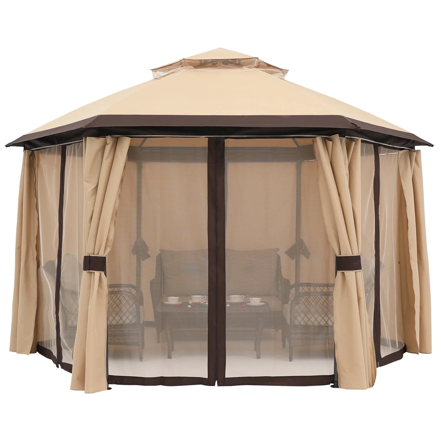 10x10 Outdoor Hexagonal Gazebo Double Roof Soft Top Canopy Gazebo with Curtains and Ventilation Screens