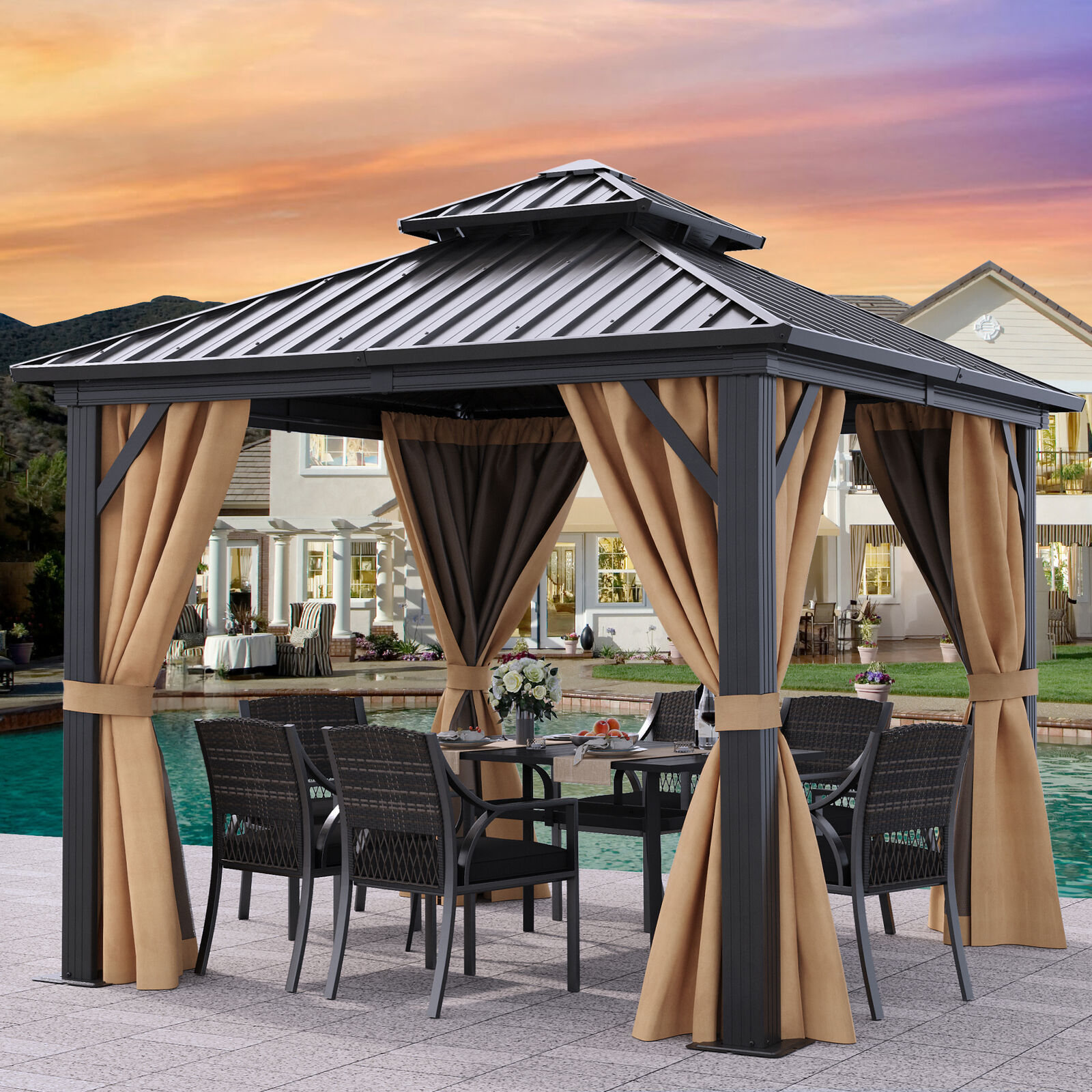 10x10 Outdoor Galvanized Steel Hard Top Gazebo Patio Garden Gazebo With Curtains Mosquito Net