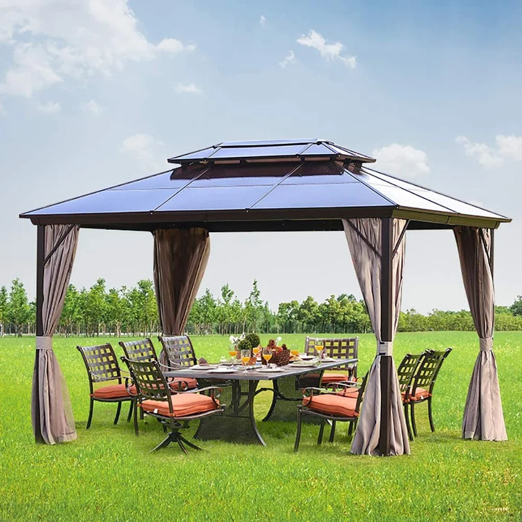 Modern Design 10X10 10X12 Outdoor Aluminum Patio Gazebo Double Roof Hard Top Garden Gazebo with Curtain Mosquito Net