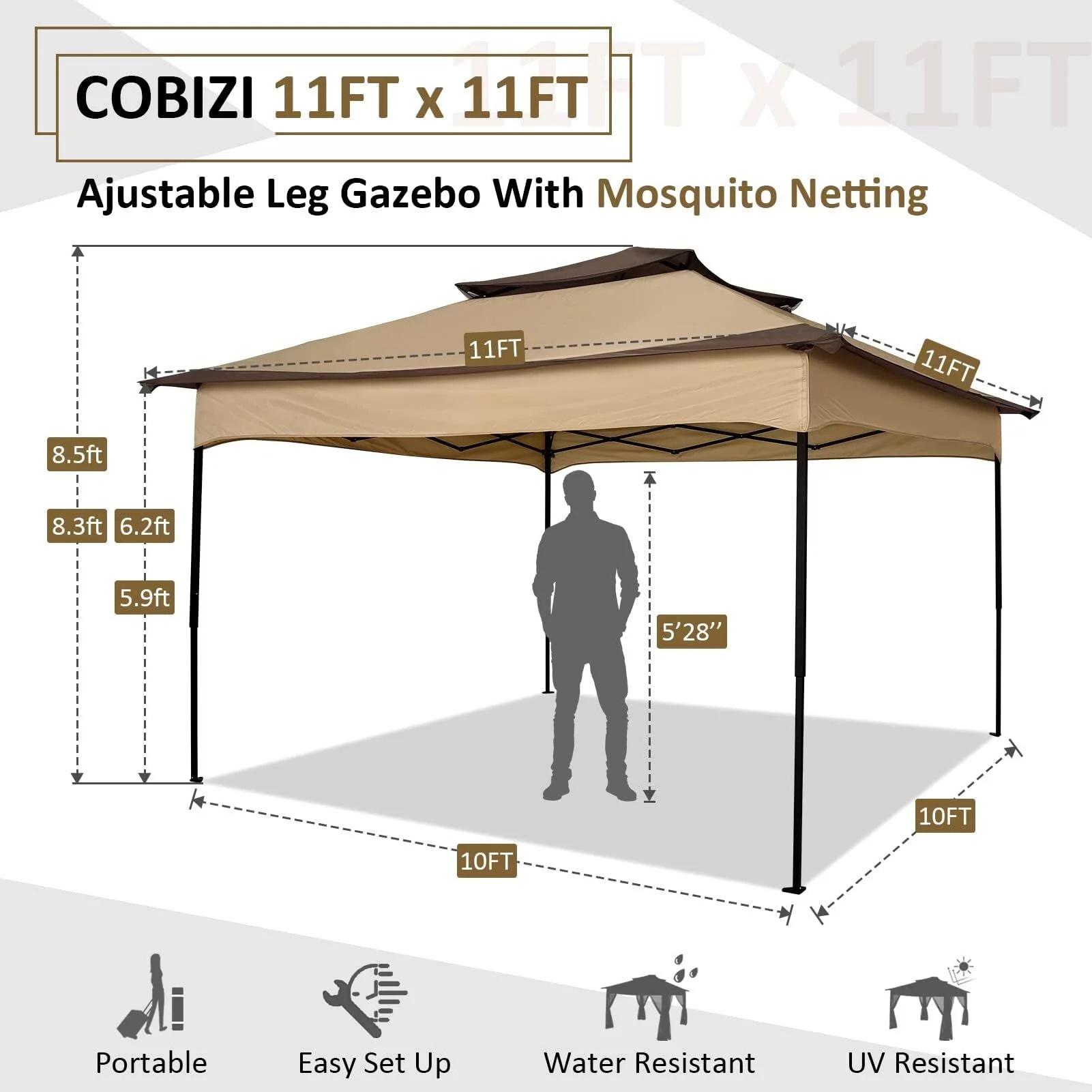 11x11 Outdoor Gazebo Garden Patio Backyard Pop Up Gazebo Canopy with Mosquito Net