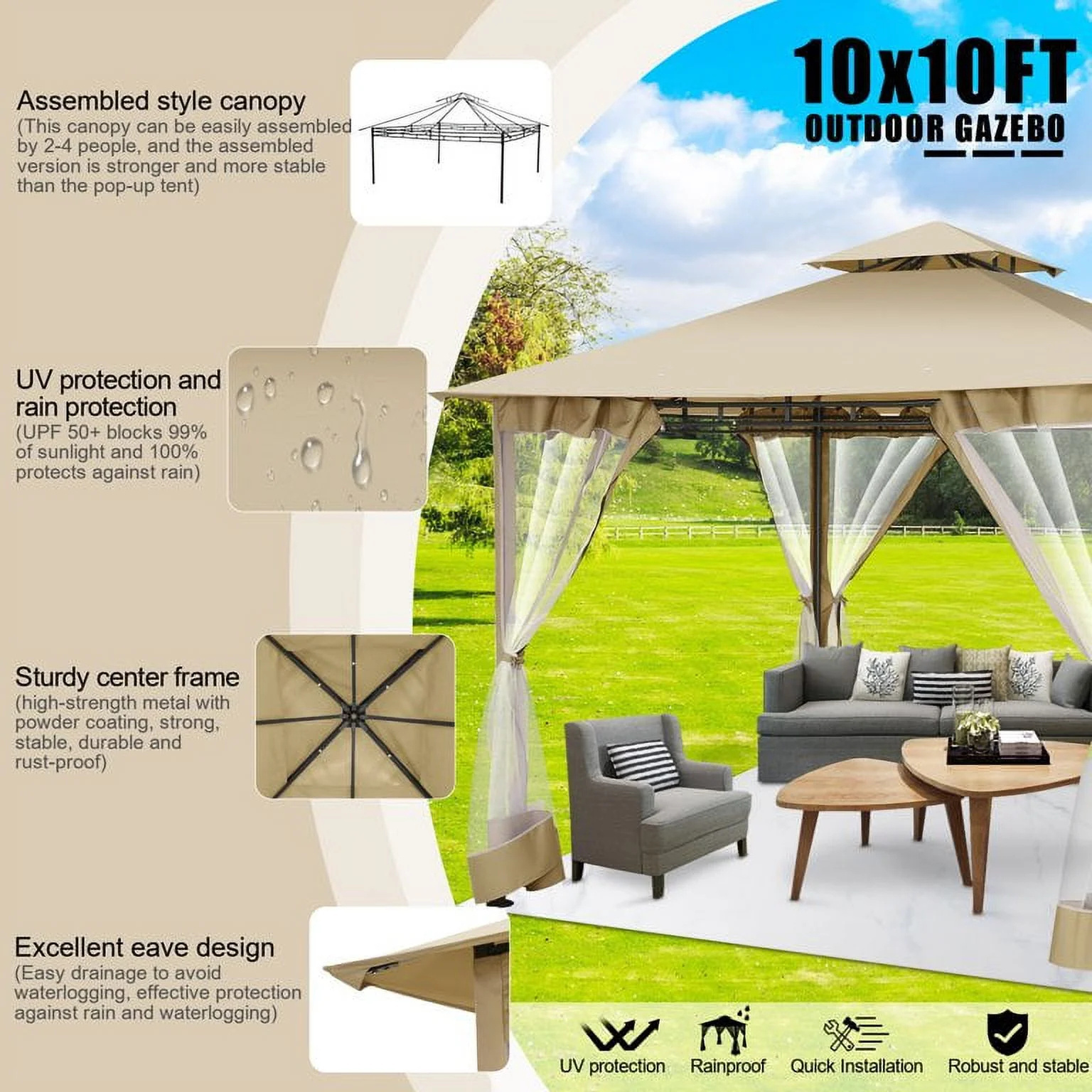 10x10 Rainproof Sunproof Garden Patio Garden Yard Canopy Gazebo with Removable Mosquito Net Side Walls