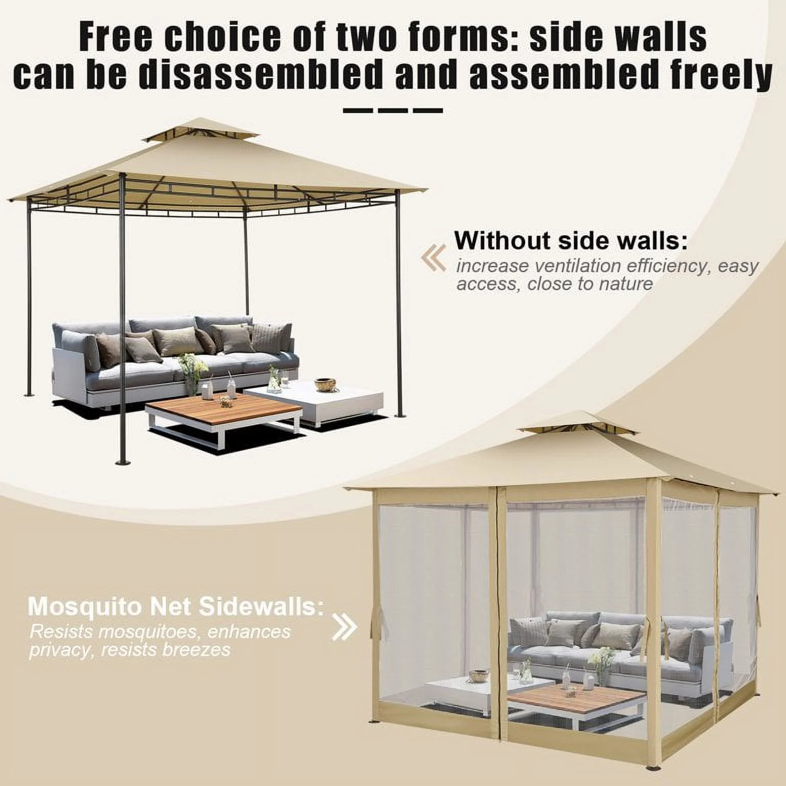 10x10 Rainproof Sunproof Garden Patio Garden Yard Canopy Gazebo with Removable Mosquito Net Side Walls