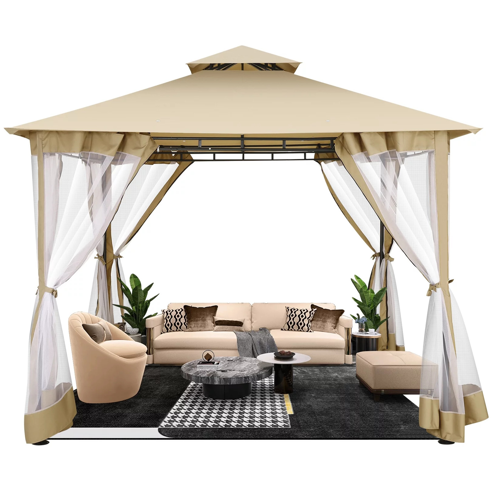 10x10 Rainproof Sunproof Garden Patio Garden Yard Canopy Gazebo with Removable Mosquito Net Side Walls