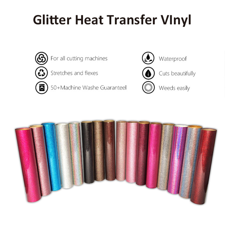 Customized Glitter Htv Heat Transfer Vinyl Roll Size Easily Weed And Peel Applied In T-Shirt Hat And Bags Best Iron On Vinyl