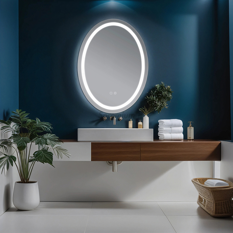 Wall Mounted Battery-Powered LED Bathroom Mirror with Smart Defog Oval Design Includes Bathroom Light Lamp