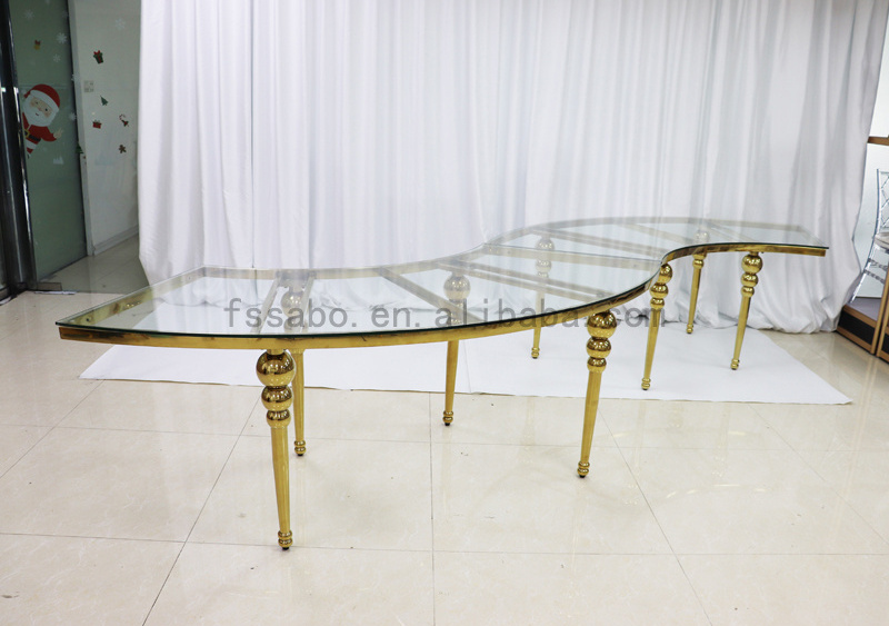 Top Quality Luxury Glass Top Marble Serpentine Table Wedding Gold Stainless Steel Half Moon S Shape Party Tables