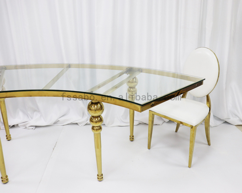 Top Quality Luxury Glass Top Marble Serpentine Table Wedding Gold Stainless Steel Half Moon S Shape Party Tables