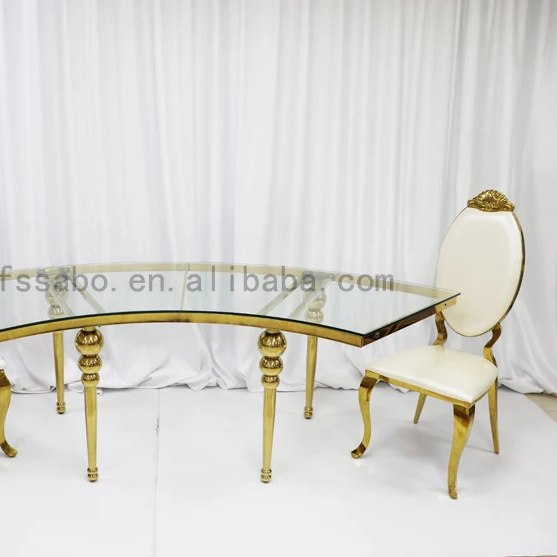 Top Quality Luxury Glass Top Marble Serpentine Table Wedding Gold Stainless Steel Half Moon S Shape Party Tables