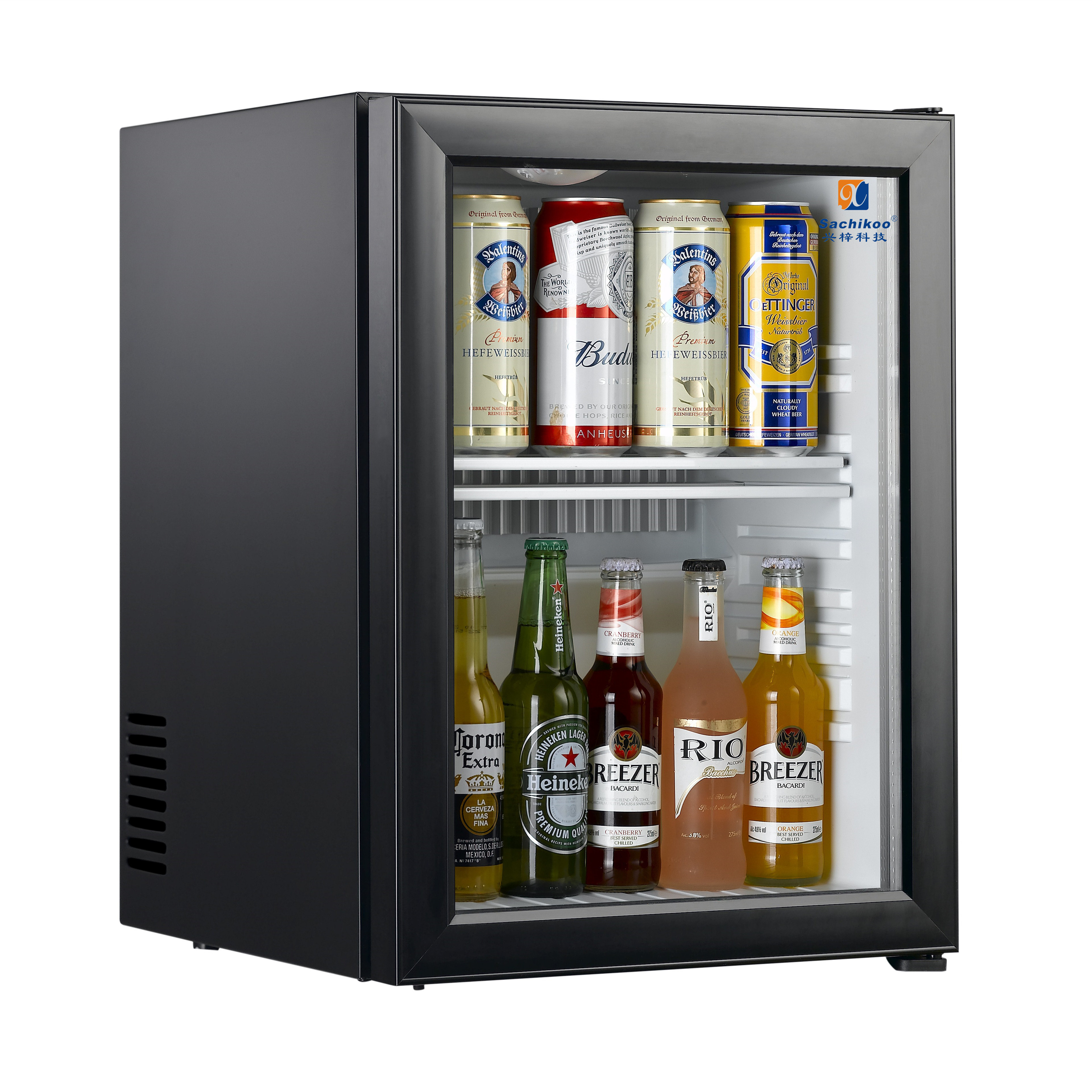 Cost-effective hotel foaming and glass minibar fridge with multiple type of plugs