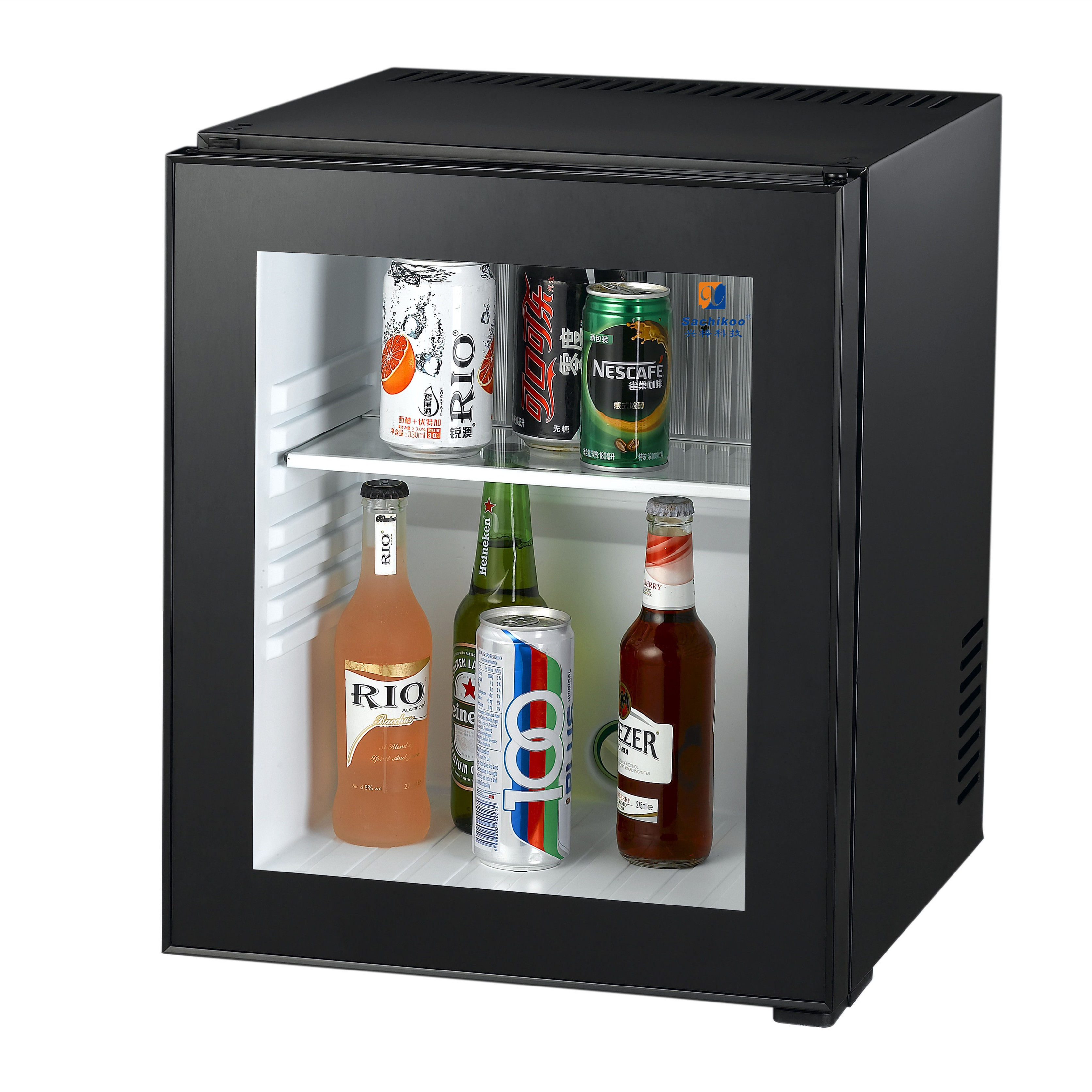 Noisy, Safe and Reliable Sachikoo 25L Luxury Glass Foam Absorption Hotel Mini Bar Refrigerator with Lock and Key