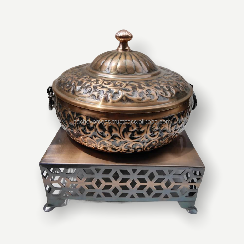 100% Pure Copper and Steel Chafing Dish Food Warmer Set with Black Iron Stand Lid Holder For Buffet Serving in Hotels