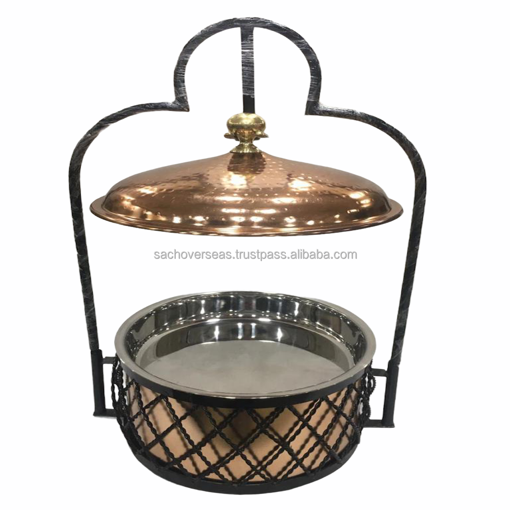 100% Pure Copper and Steel Chafing Dish Food Warmer Set with Black Iron Stand Lid Holder For Buffet Serving in Hotels